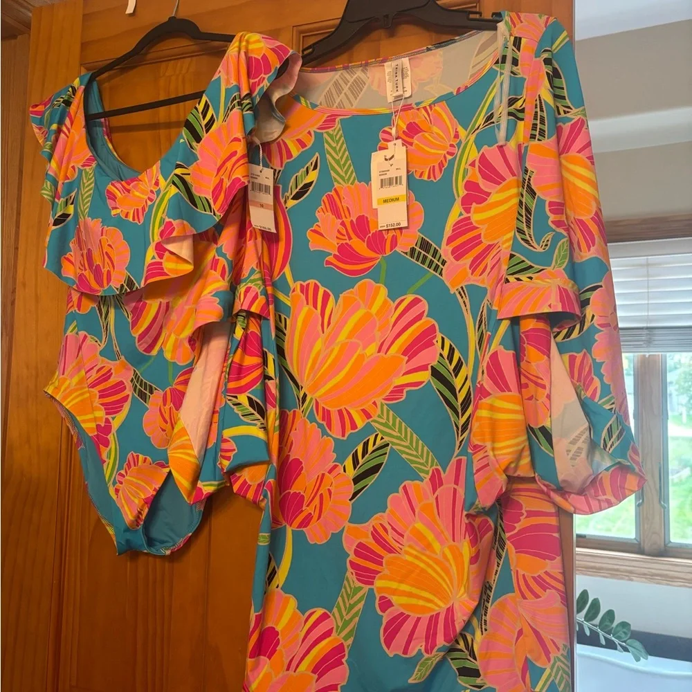 Trina Turk Vibrant Floral Swim suit and Caftan NWT size 10 - Picture 1 of 5